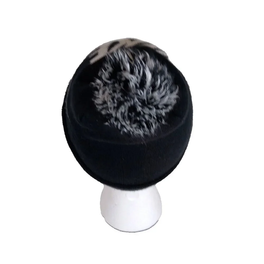 Nike Youth Knit Pom Beanie – Black & White Hat w/ Bold Logo – Sports Cap